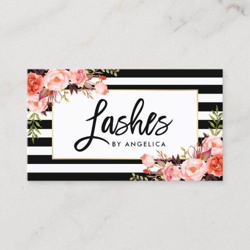 Brush Script Coral Floral Lashes Striped Business Card