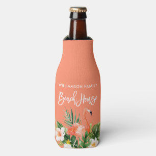 Brush Script Coral Tropical Floral Beach House Bottle Cooler