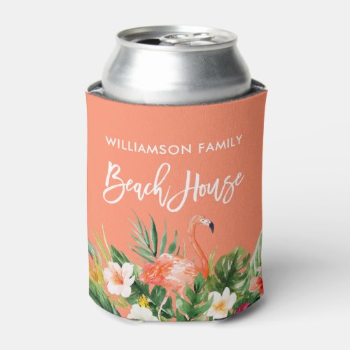 Brush Script Coral Tropical Floral Beach House Can Cooler