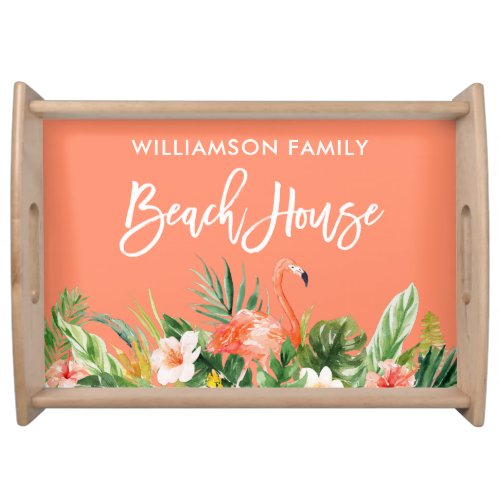 Brush Script Coral Tropical Floral Beach House Serving Tray