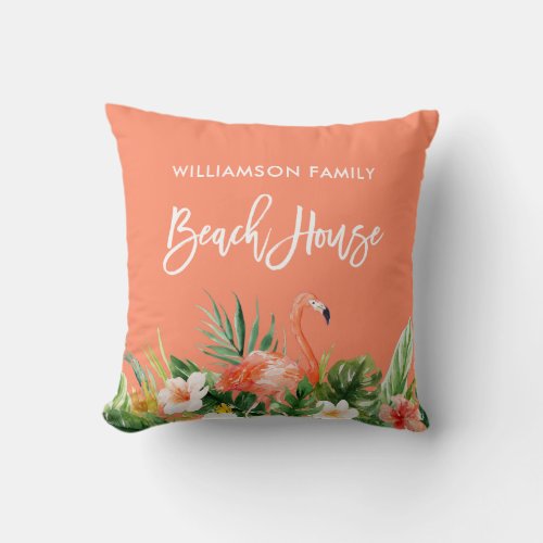 Brush Script Coral Tropical Floral Beach House Throw Pillow