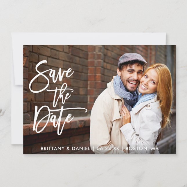 Brush Script Couple Photo Save The Date W Card (Front)
