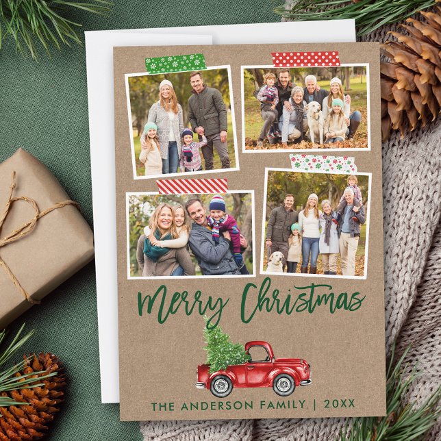 Brush Script Craft Tape Christmas Truck Kraft Holiday Card (Customize to add text or more photos to back of card.)