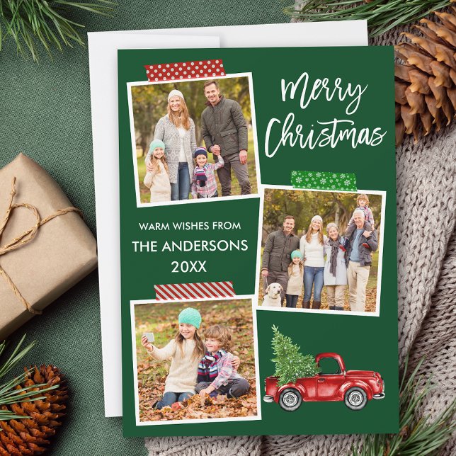 Brush Script Craft Tape Red Truck Christmas Holiday Card (Customize to add text or more photos to back or to change background color of card.)