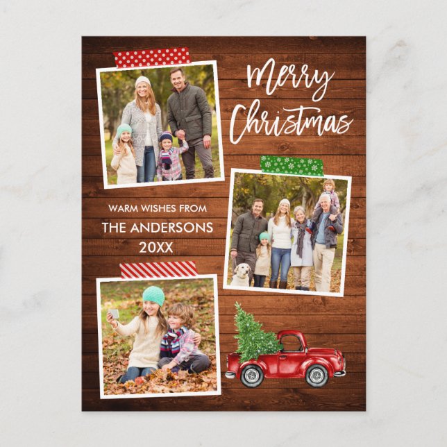 Brush Script Craft Tape Wood Red Truck Christmas Postcard (Front)