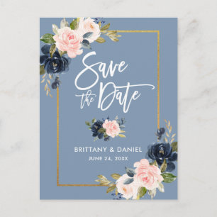 Brush Script Dusty Blue Pink Floral Save the Date Announcement Postcard