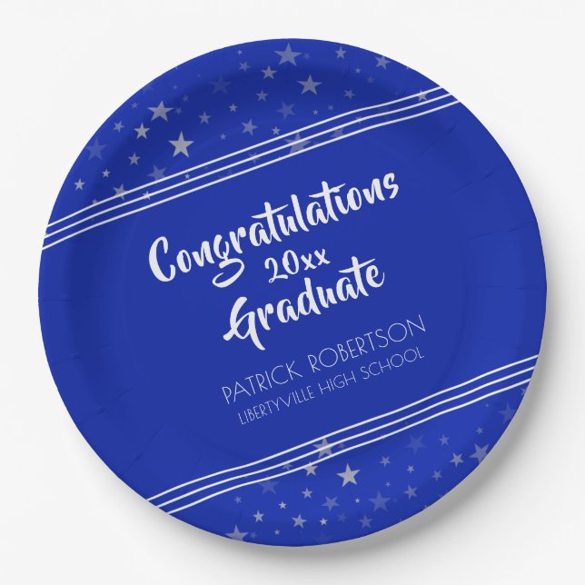 Brush Script | Editable Royal Blue | Graduation Paper Plates (Front)
