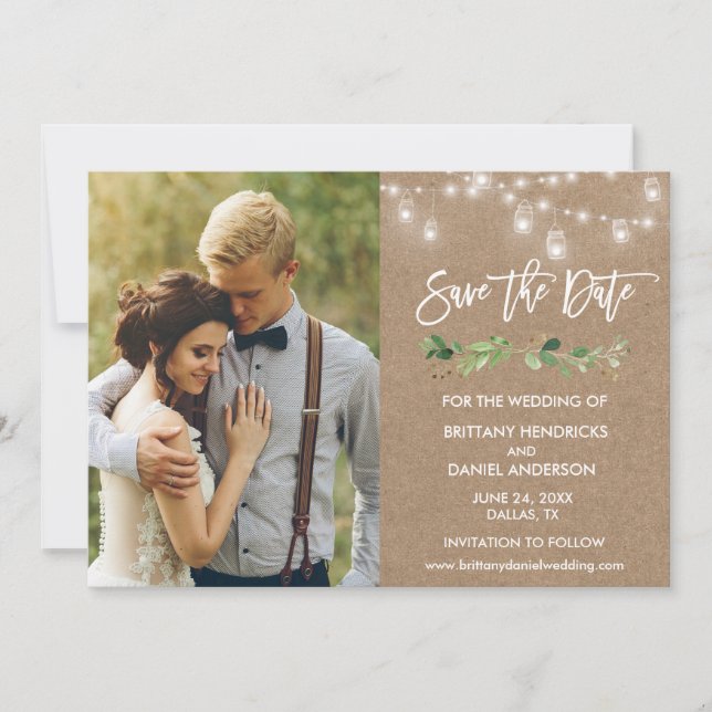 Brush Script Eucalyptus Jar Lights Kraft Photo Save The Date (Front)