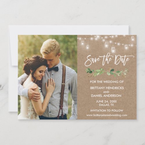 Brush Script Eucalyptus Jar Lights Kraft Photo Save The Date