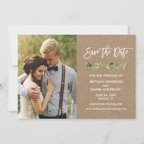 Brush Script Eucalyptus Kraft Photo Save The Date