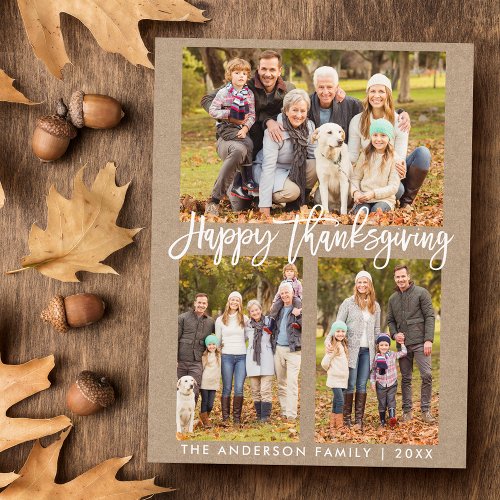 Brush Script Family 3 Photo Kraft Thanksgiving Postcard