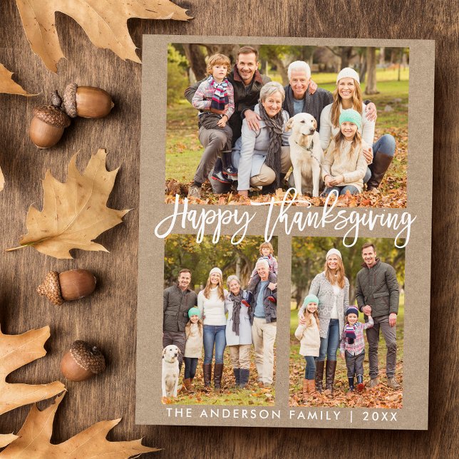 Brush Script Family 3 Photo Kraft Thanksgiving Postcard (Customize to change your personalized text size or text style.)