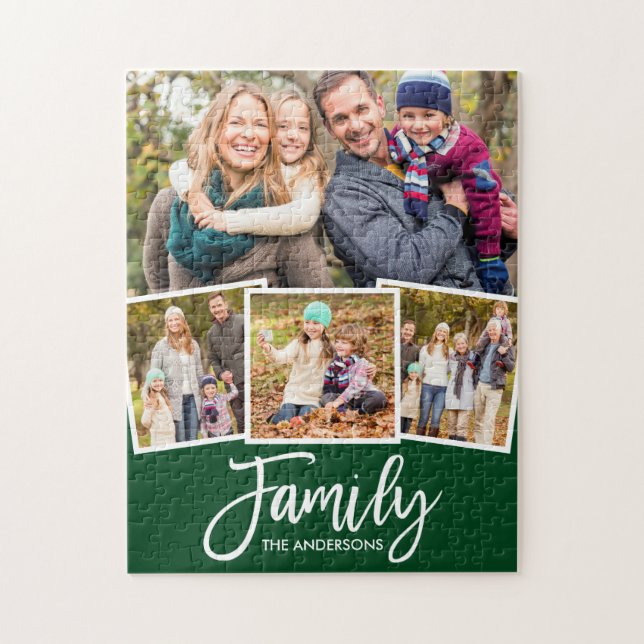 Brush Script Family 4 Photo Green or Pick Color Jigsaw Puzzle (Vertical)