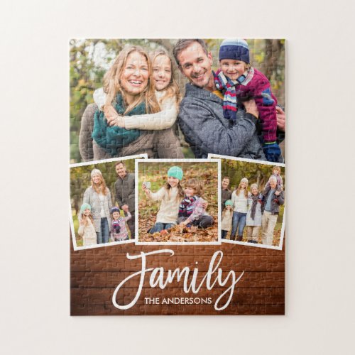 Brush Script Family 4 Photo Rustic Wood Print Jigsaw Puzzle