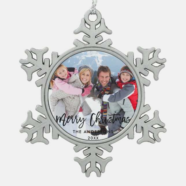 Brush Script Family Photo Merry Christmas Snowflake Pewter Christmas Ornament (Front)