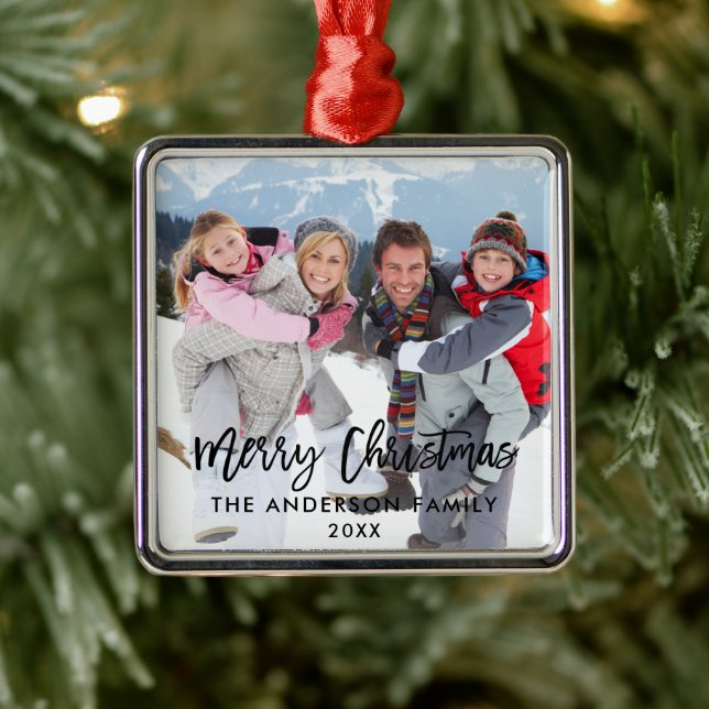 Brush Script Family Photo Merry Christmas Sq Metal Ornament (Tree)