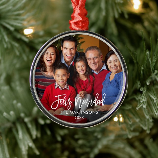 Brush Script Feliz Navidad Photo Metal Ornament (Tree)