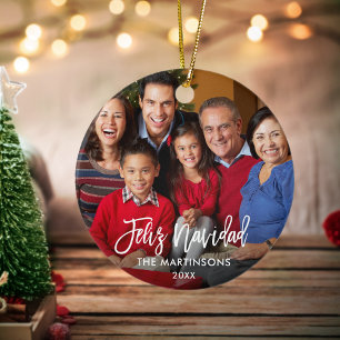 Brush Script Feliz Navidad Photo Red Back Ceramic Ornament