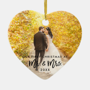 Brush Script First Christmas Mr. & Mrs. Photo Ceramic Ornament
