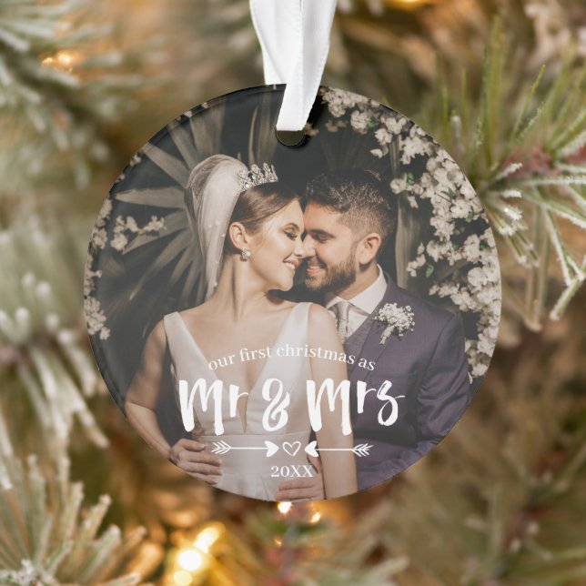 Brush Script First Christmas Mr Mrs Photo Ornament (Tree)
