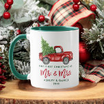 Brush Script First Christmas Mr. Mrs. Truck Green Mug<br><div class="desc">Modern Brush Script Our First Christmas as Mr. and Mrs. Watercolor Vintage Red Truck with Christmas Tree Coffee Mug - Green and White</div>