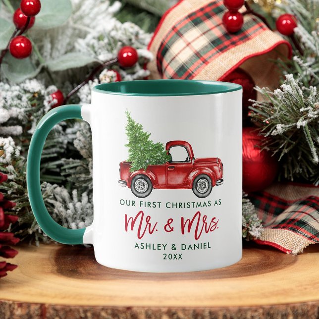 Brush Script First Christmas Mr. Mrs. Truck Green Mug (Customize to change your personalized text size or style.)