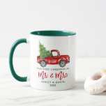 Brush Script First Christmas Mr. Mrs. Truck Green Mug<br><div class="desc">Modern Brush Script Our First Christmas as Mr. and Mrs. Watercolor Vintage Red Truck with Christmas Tree Coffee Mug - Green and White</div>