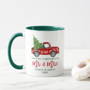 Brush Script First Christmas Mr. Mrs. Truck Green Mug
