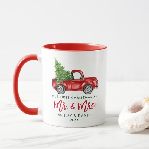 Brush Script First Christmas Mr Mrs Truck Red Mug