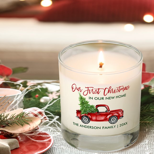 Brush Script First Christmas New Home Red Truck Scented Candle (Customize to change your personalized text size or text style.)