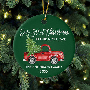 Brush Script First Christmas New Home Truck Green Ceramic Ornament