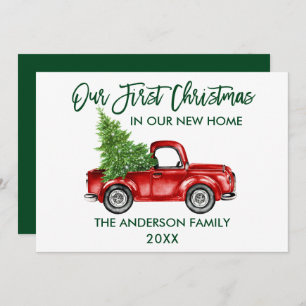 Brush Script First Christmas New Home Truck Green Holiday Card