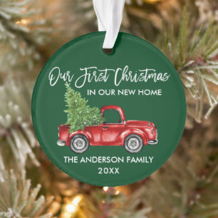 Brush Script First Christmas New Home Truck Green Ornament