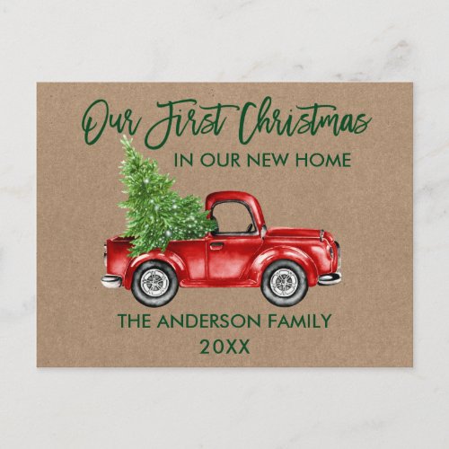 Brush Script First Christmas New Home Truck Kraft Postcard