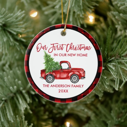 Brush Script First Christmas New Home Truck Plaid Ceramic Ornament