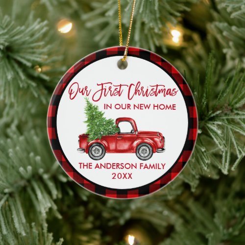 Brush Script First Christmas New Home Truck Plaid Ceramic Ornament