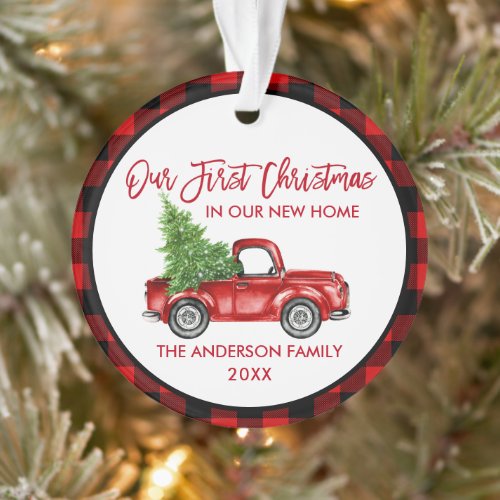 Brush Script First Christmas New Home Truck Plaid Ornament