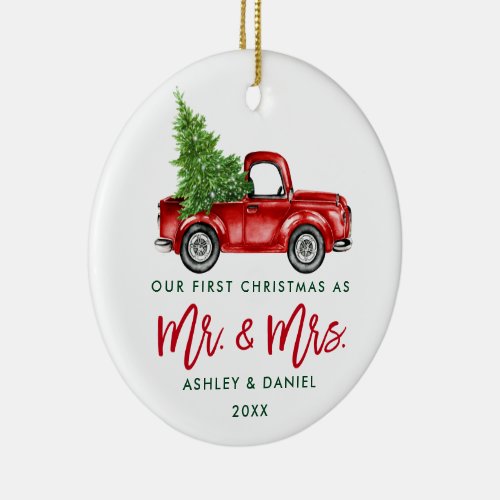 Brush Script First Christmas Red Truck PHOTO Back Ceramic Ornament