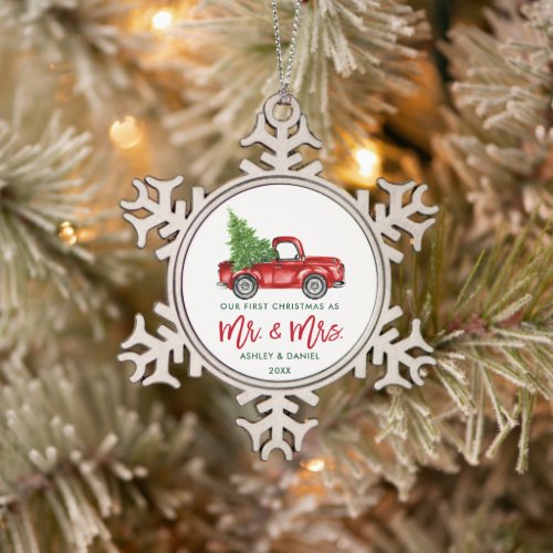Brush Script First Christmas Red Truck Snowflake Pewter Christmas Ornament