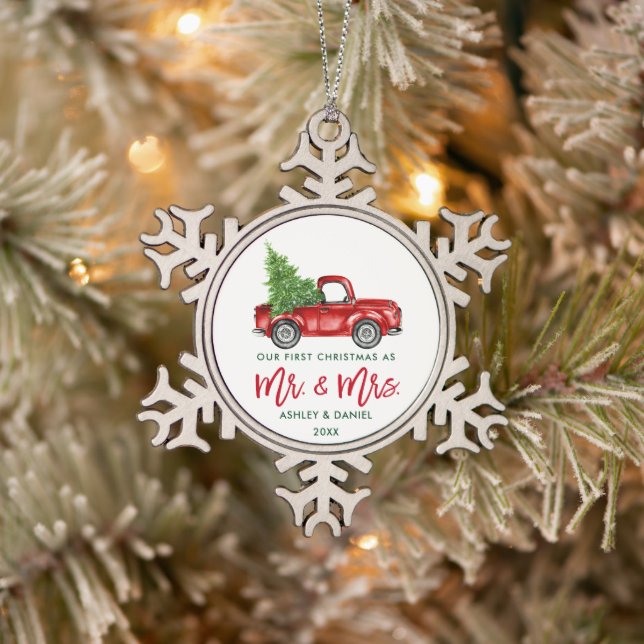 Brush Script First Christmas Red Truck Snowflake Pewter Christmas Ornament (Tree)