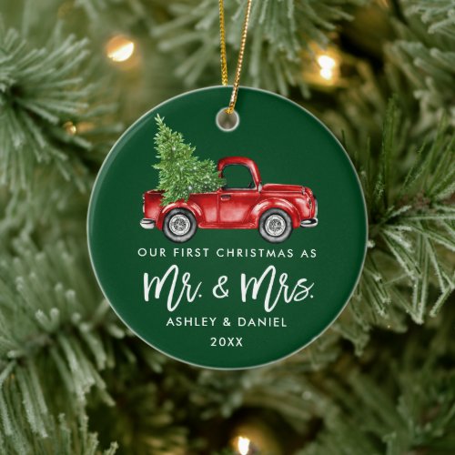 Brush Script First Christmas Vintage Truck Green Ceramic Ornament