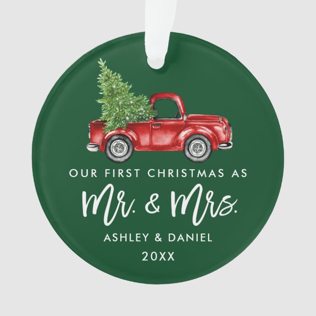 Brush Script First Christmas Vintage Truck Ornament (Front)