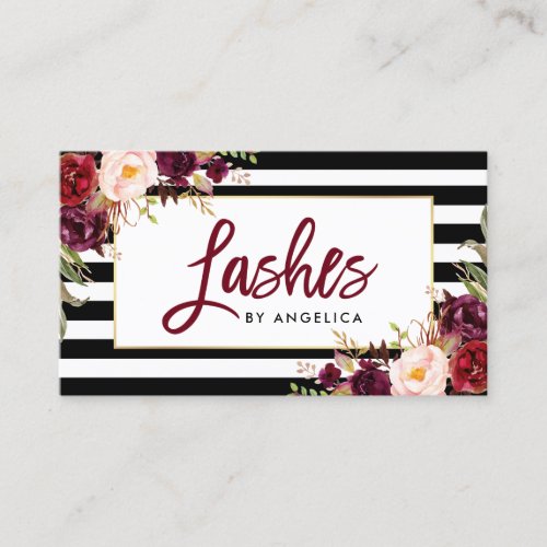 Brush Script Floral Burgundy Lashes Striped Business Card
