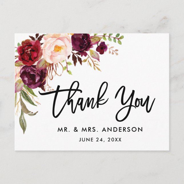 Brush Script Floral Burgundy Wedding Thank You Postcard (Front)