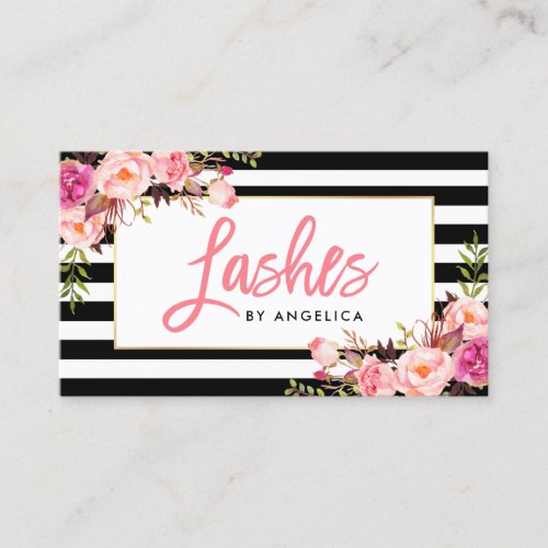 Brush Script Floral Pink Lashes Striped Business Card
