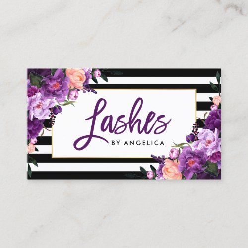 Brush Script Floral Purple Lashes Striped Business Card