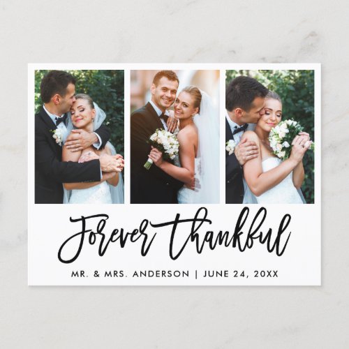 Brush Script Forever Thankful Wedding 3 Photo Postcard