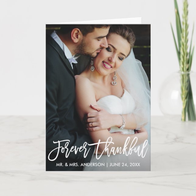 Brush Script Forever Thankful Wedding Modern Fold Letterpress Thank You Card (Front)