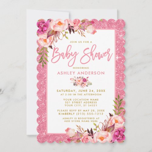 Brush Script Glitter Baby Shower Pink Floral Invitation