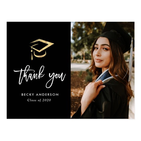 Brush script gold cap graduation thank you postcard | Zazzle.com